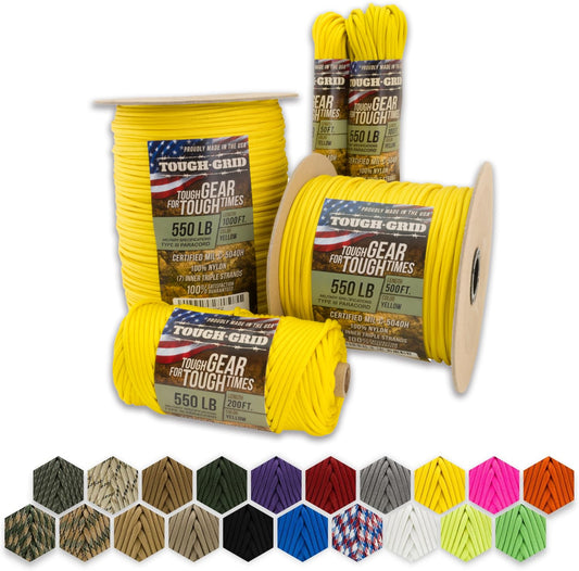 TOUGH-GRID Premium Yellow 550 Paracord/Parachute Cord - 100% Nylon Mil-Spec Type III Paracord Rope Used by The US Military, Great for Bracelets and Lanyards, Tactical Paracord 50Ft. - Yellow