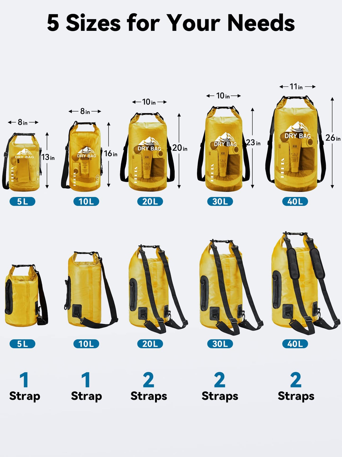 HEETA Dry Bag Waterproof for Women Men, Roll Top Lightweight Dry Storage Bag Backpack with Phone Case for Travel Swimming Boating Kayaking Paddle Board Camping Beach Accessories (Yellow, 30L)
