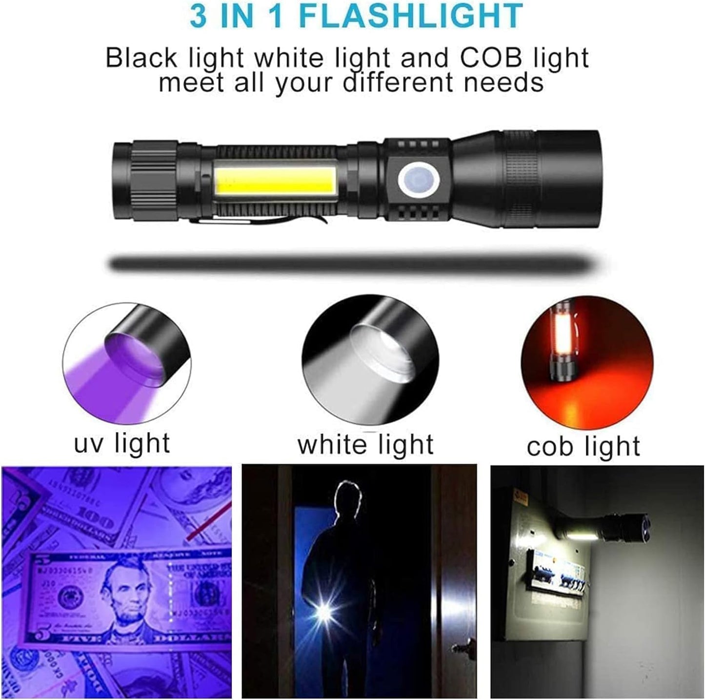 Karrong Rechargeable UV Flashlight(No Battery), 3 in 1 UV Black Light LED Tactical Flashlight, High Powered 2000 Lumens LED Light 7 Modes Waterproof for Pet Clothing Detection/Emergency/Camping