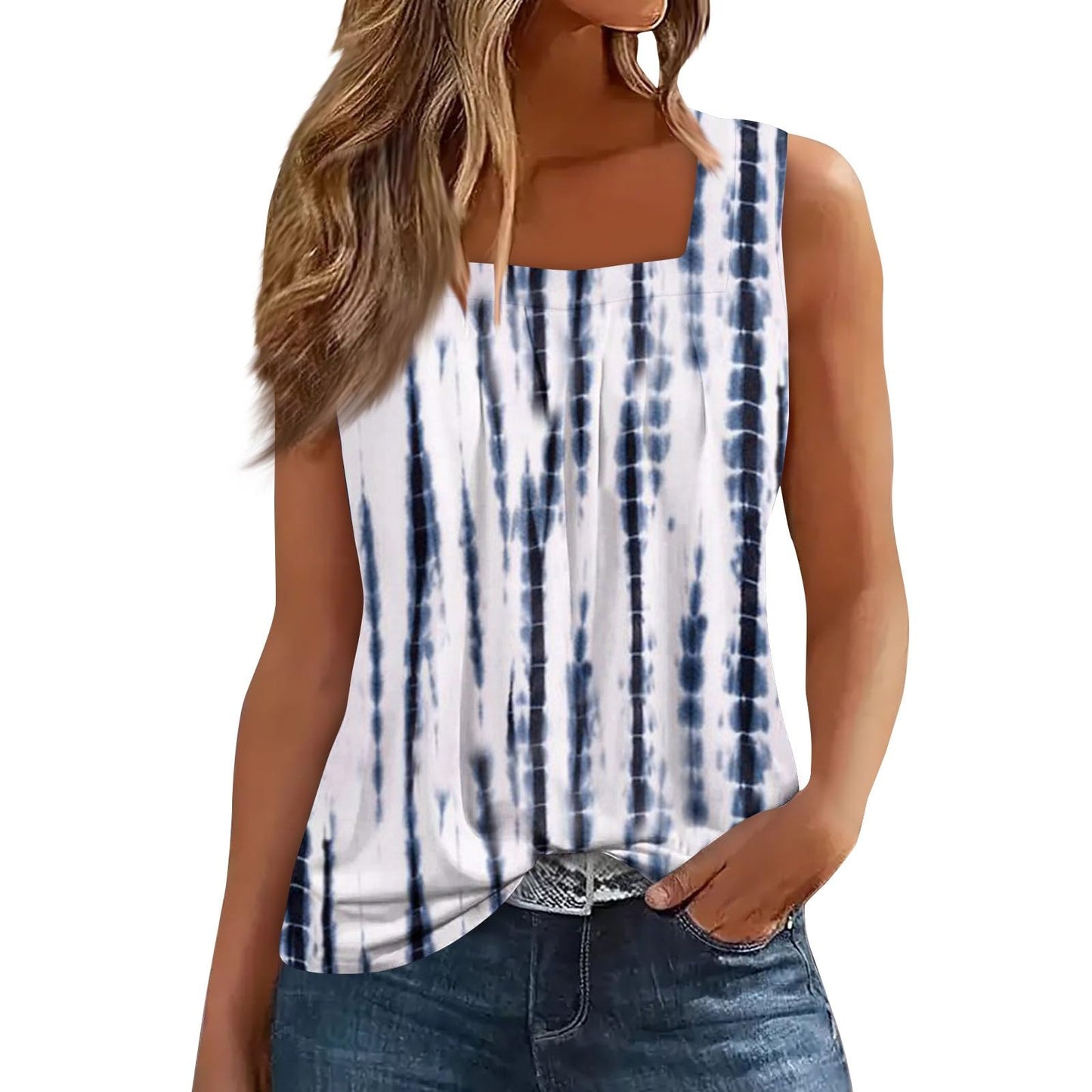 Womens Tank Tops, Sleeveless Long Vacation Tank for Womens Spring Cute Square Neck Cool Polyester Tank Print Boxy Fit Ruched Blouse Ladie's Sky Blue