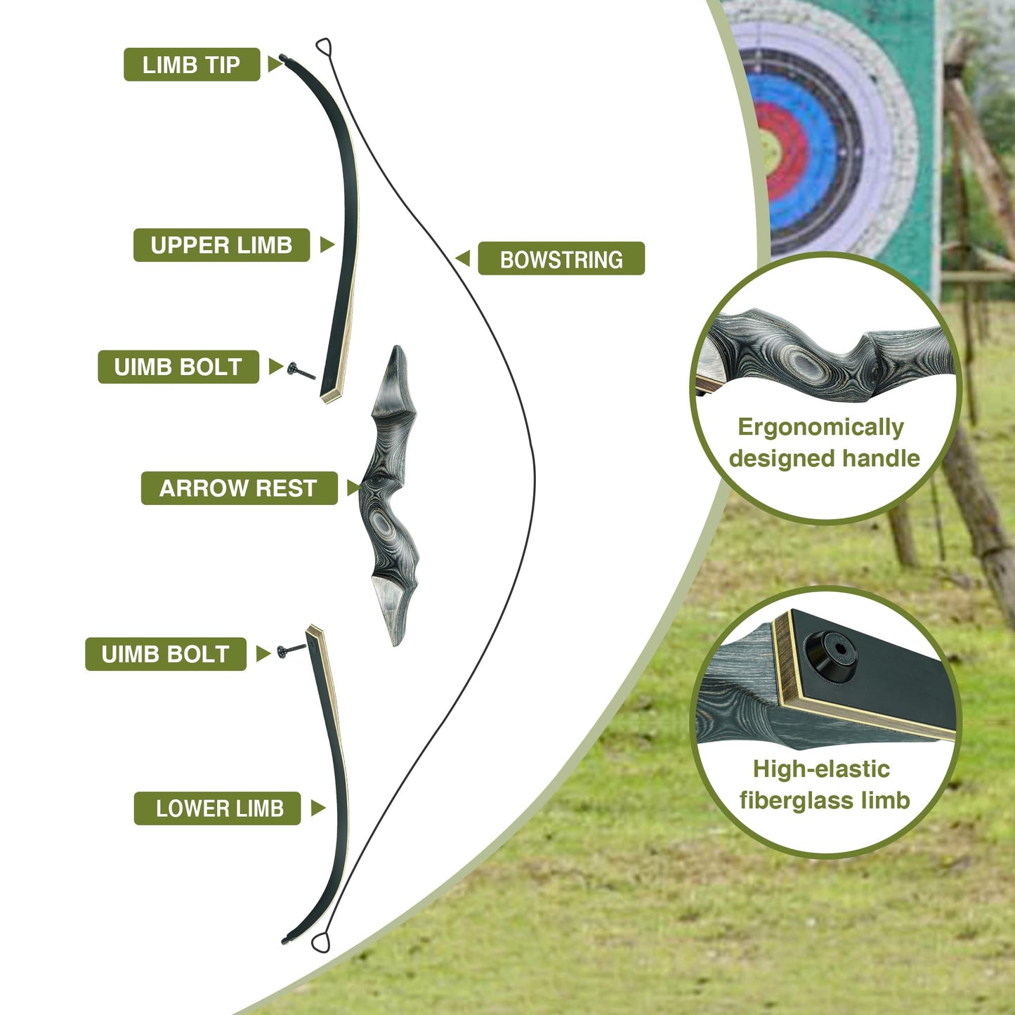 Black Hunter Takedown Recurve Bow, 60" Left Handed with Ergonomic Design for Outdoor Training Practice (55 lb, Left Hand)