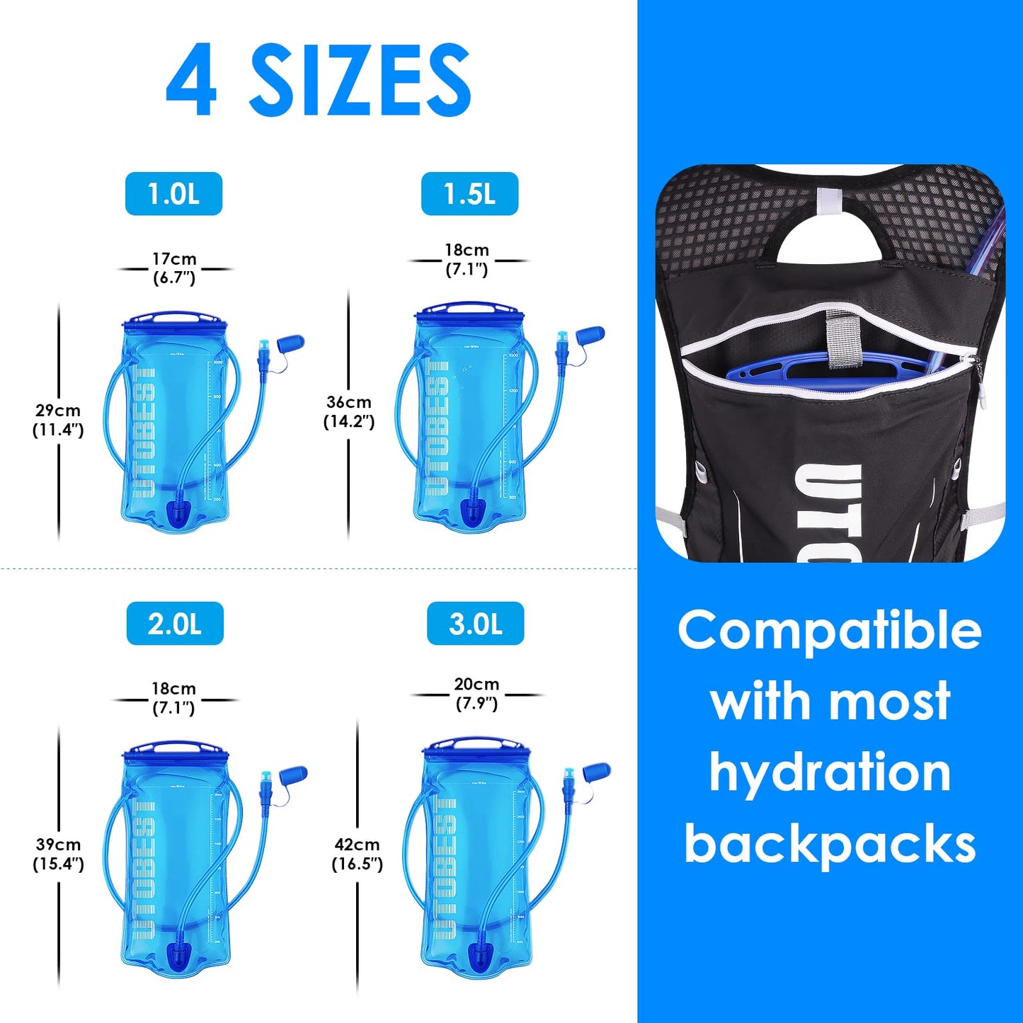 UTOBEST Water Bladder,Hydration Bladder 1L, 1.5L, 2L, 3L Water Bladder for Hiking Backpack, BPA Free, Leak Proof Water Reservoir for Running Cycling