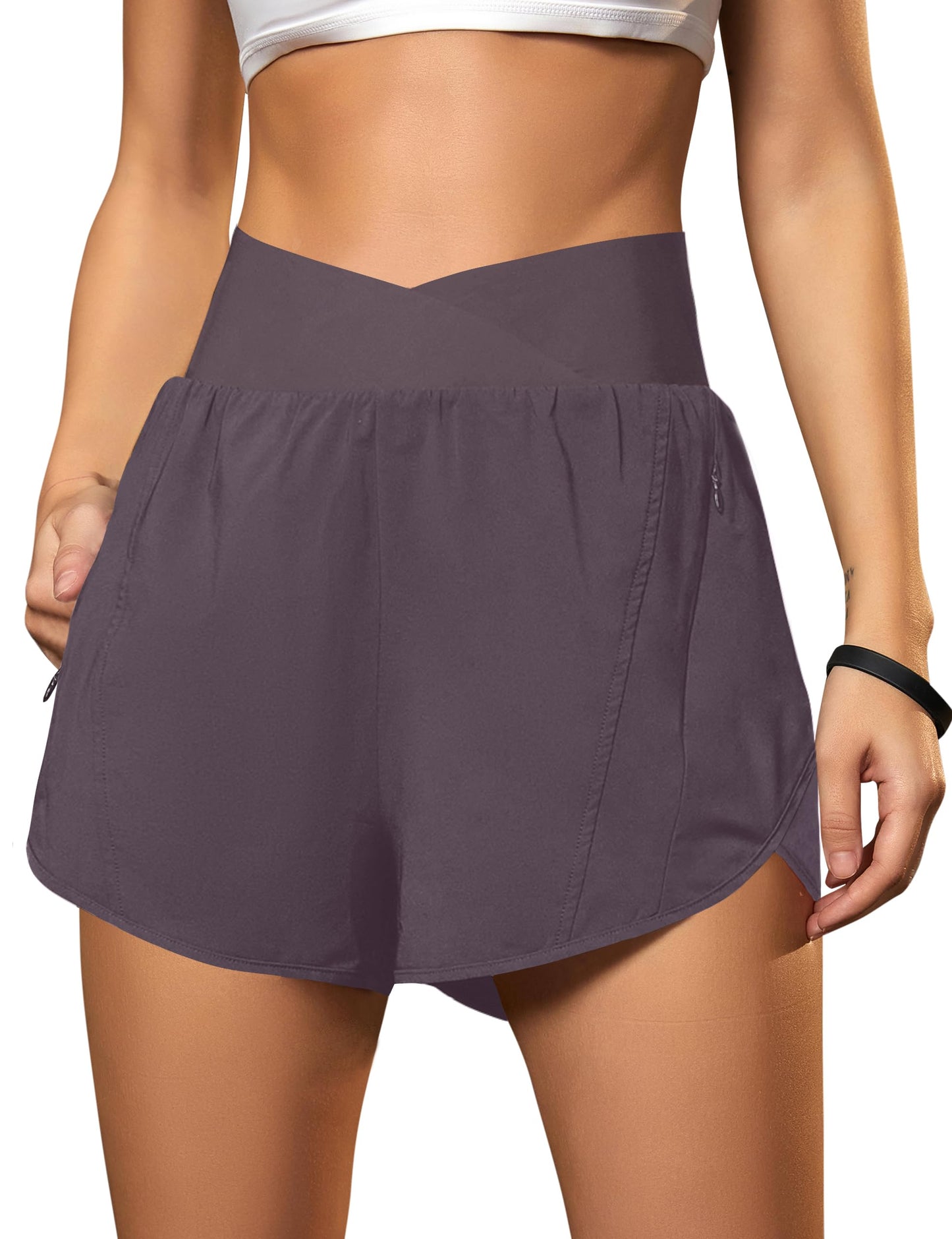 Blooming Jelly Women's Workout Shorts Athletic Running Cross V Cut Waist Work Out Preppy Shorts with Zipper Pockets (Coffee,XX-Large)