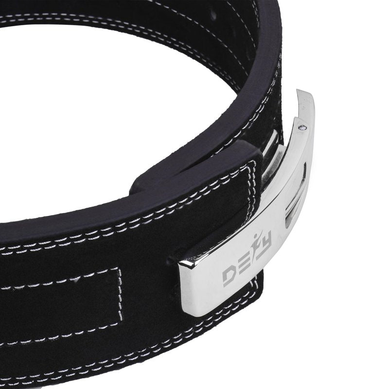 DEFY Weightlifting Lever Belt – 4” Wide Powerlifting Strongman Gym Belt for Men & Women – 10MM Lever Belt for Lower Back Support, Workout, Deadlift & IPF Bodybuilding (Black Embossed, Medium)