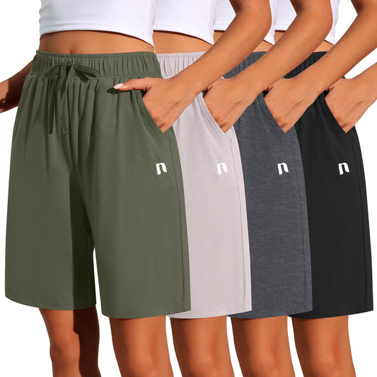 Neer 4 Pack Women's Sweat Shorts Comfy Lounge Bermuda Shorts Drawstring High Waisted Summer Athletic Shorts with Pockets (Army Green, Light Khaki, Dark Grey, Black,Large)