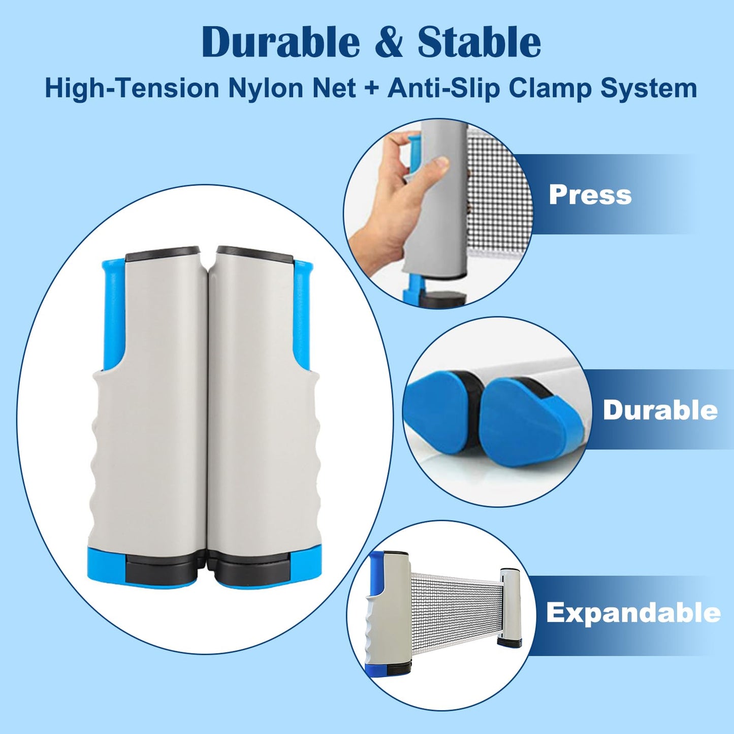 Retractable Table Tennis Net - Portable & Adjustable Ping Pong Net for Indoor/Outdoor Play, Fits Tables Up to 72" Wide, Easy Setup, Durable Mesh Material - Blue