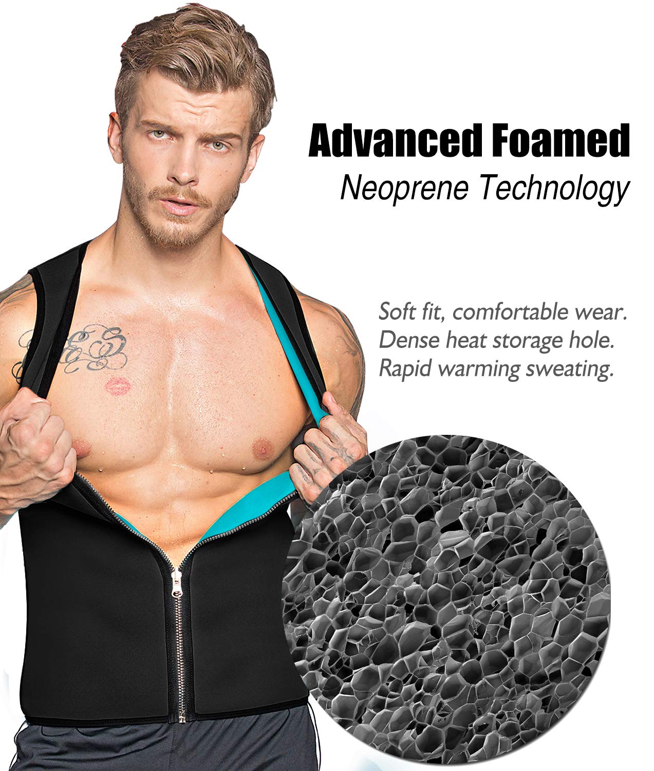 RIBIKA Mens Neoprene Sauna Suit Hot Sweat Vest Compression Shirts Waist Trainer Sleeveless Fitness Workout Zipper Top Black