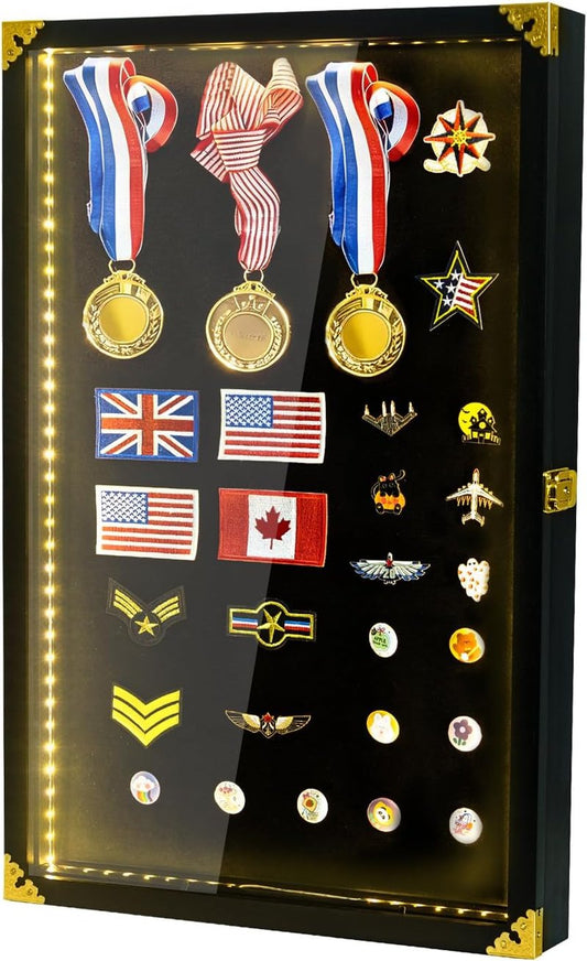Large Pin Display Case - 25" X 16" with LED Lights & UV Protection | Black Acrylic for Medals & Collectibles