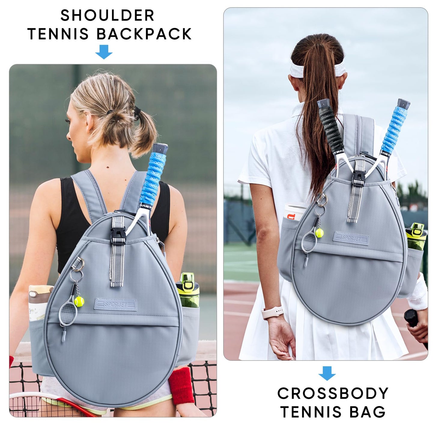 SPORJET Tennis Backpack with 2 Rackets Holder, Water-Resistant PU Leather Tennis Racket Bag for Women & Men, Sling Crossbody Sports Backpack for Tennis, Pickleball & Badminton, Tennis Gifts
