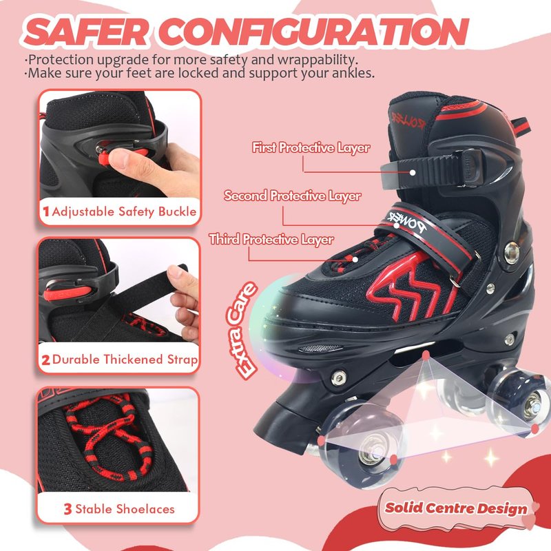 HXWY Kids Roller Skates for Boys Girls Child, Adjustable 4 Sizes Roller Skates for Kids and Youth with Light Up Wheels, Quad Black & Red Roller Skates for Sports (Youth 4-7)