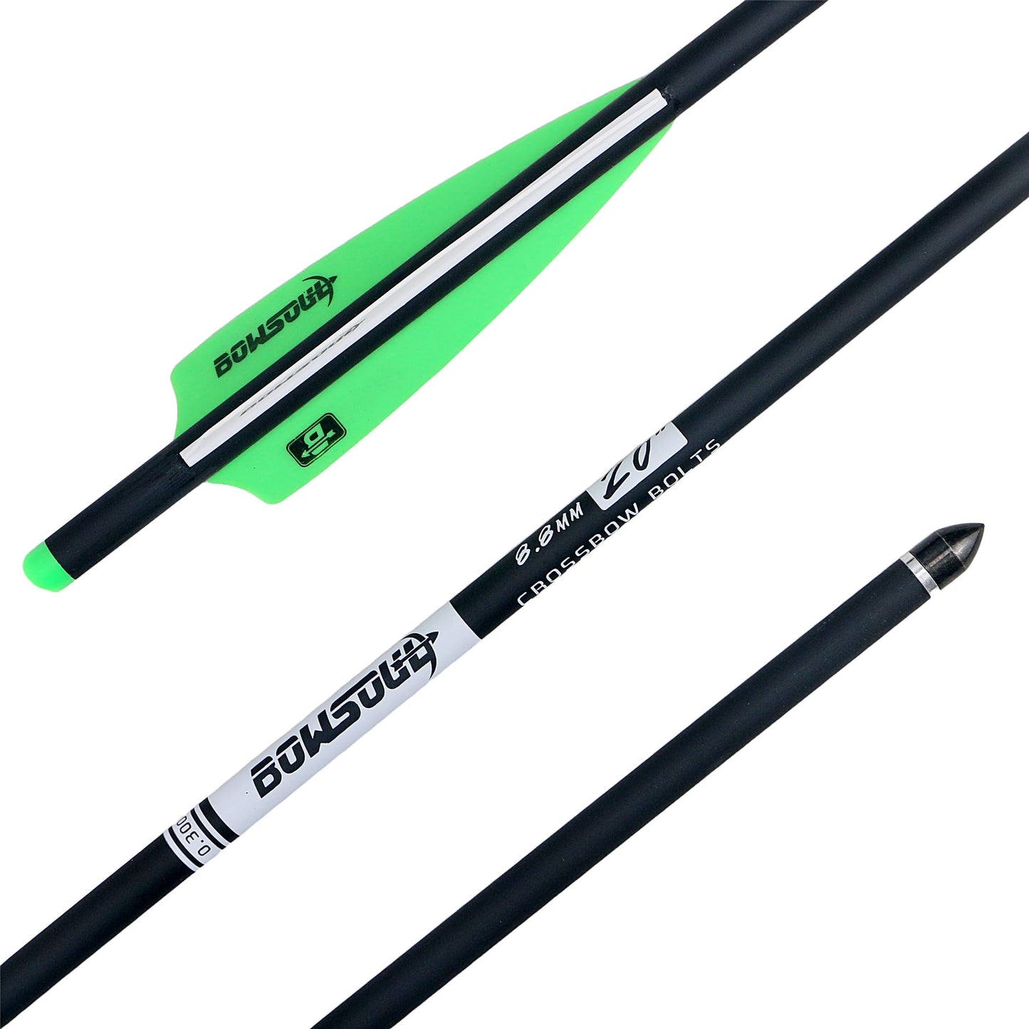 BOWSOUL Crossbow Bolts 20 22 Inch Carbon Archery Arrows 12 Pack and 6 Pack 3 Blade Hunting Broadhead Set (Green White, 20inch)