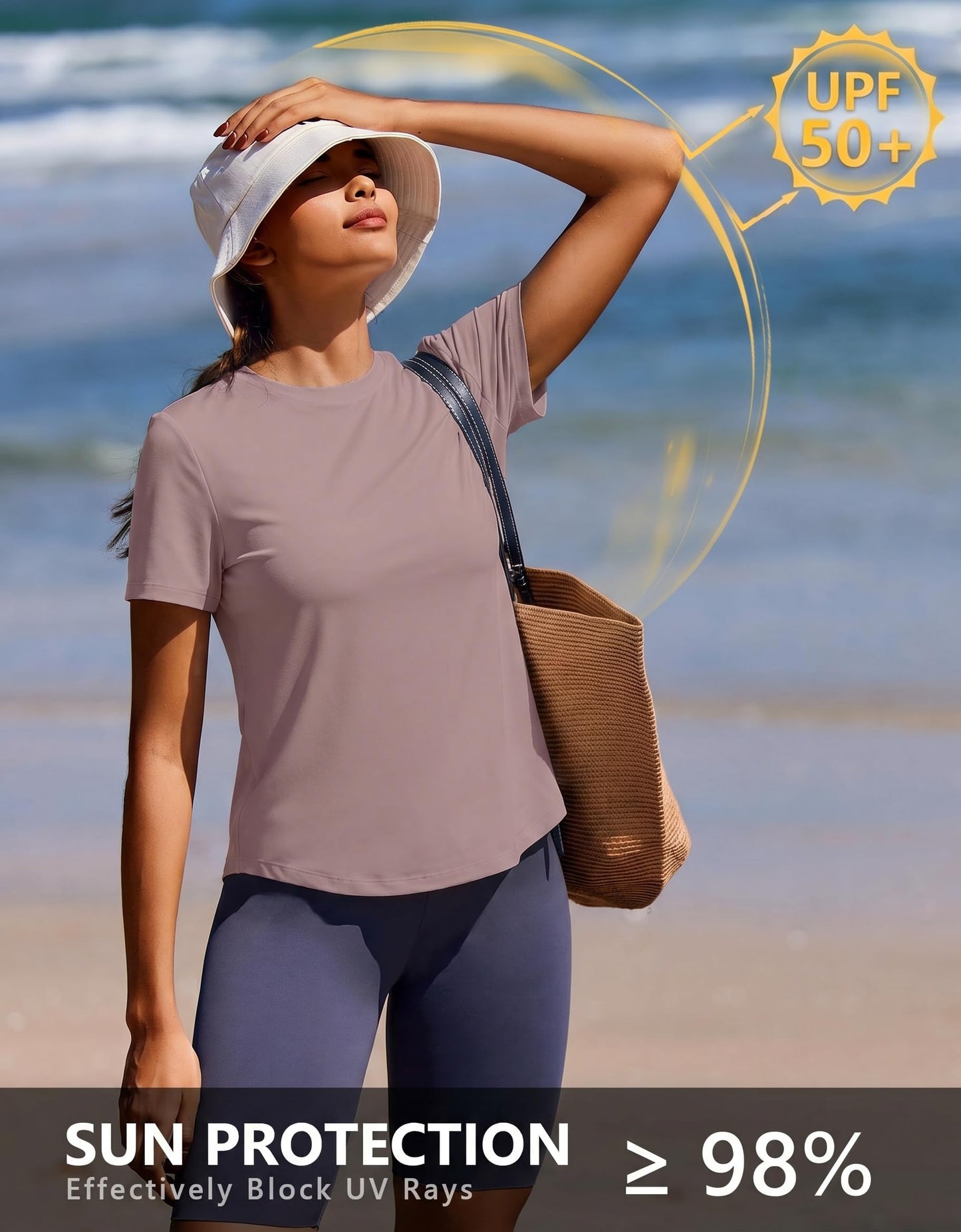 PINSPARK Soft Quick Dry Womens Workout Tops UPF 50+ Sun Shirt Short Sleeve Crew Neck Athletic Shirts for Casual Running Yoga Travel,Warm Tan X-Large