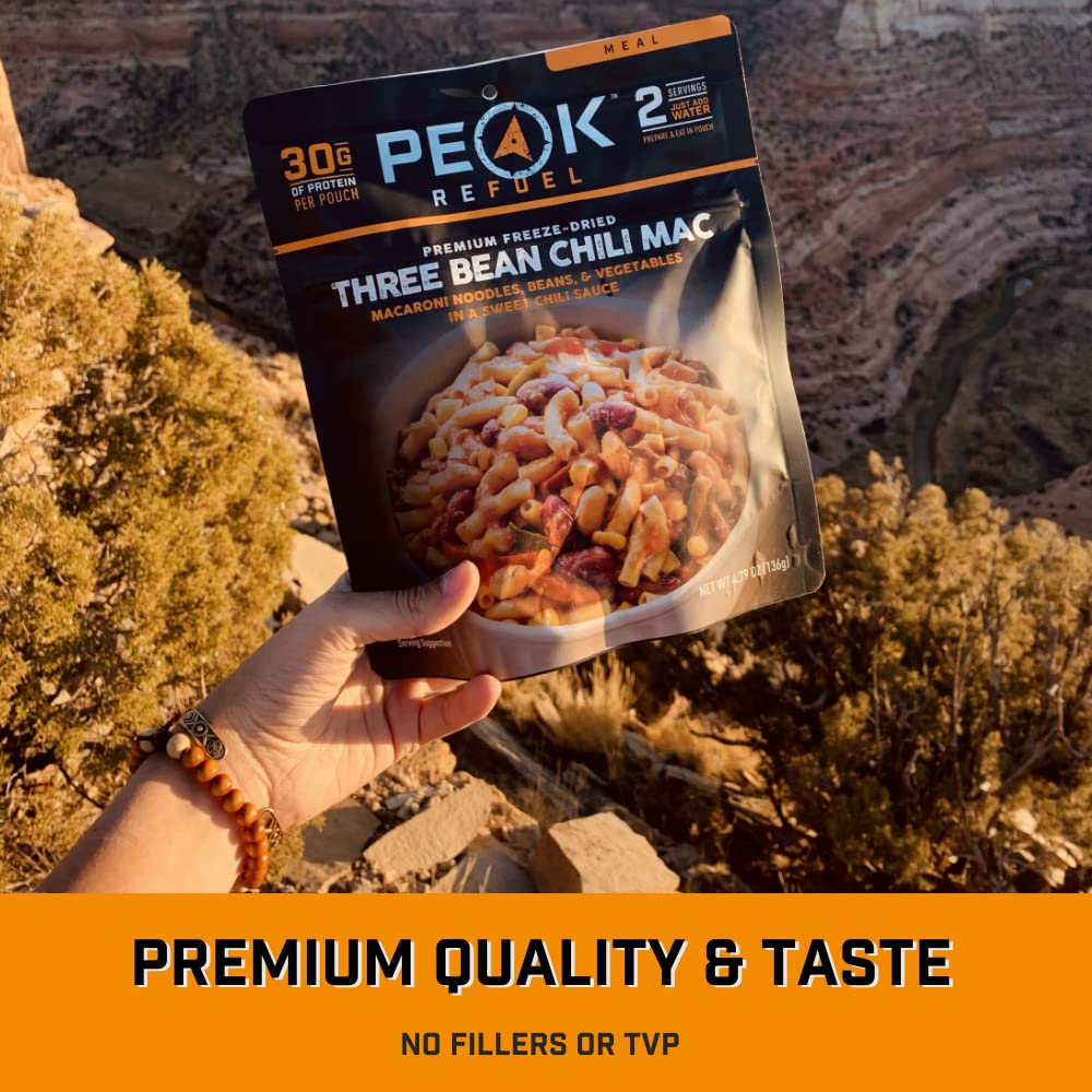 Peak Refuel Three Bean Chili Mac| Premium Freeze Dried Camping Food | Backpacking & Hiking MRE Meals | Just Add Water | 100% Real Ingredients | 30g of Protein | 2 Serving Pouch