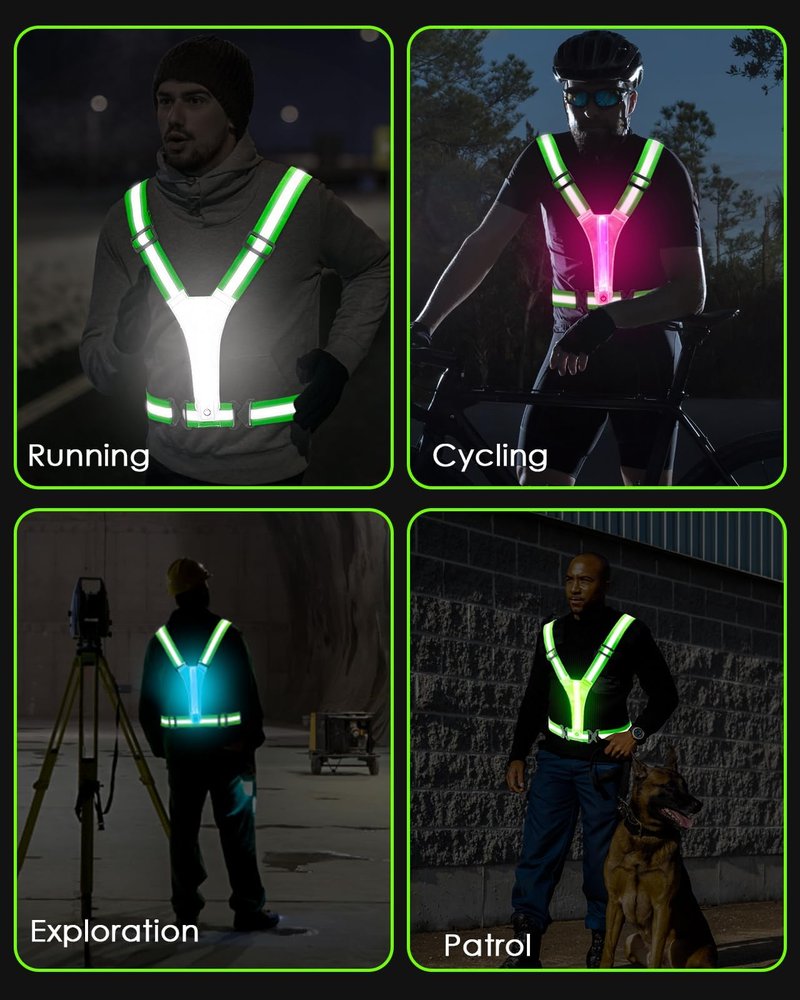 Zacro LED Reflective Vest Running Gear, 5 Lights Colors High Visibility Rechargeable Light Up Running Vest for Runners Night Walking Cycling, Adjustable for Men Women Kids (2 Pack)