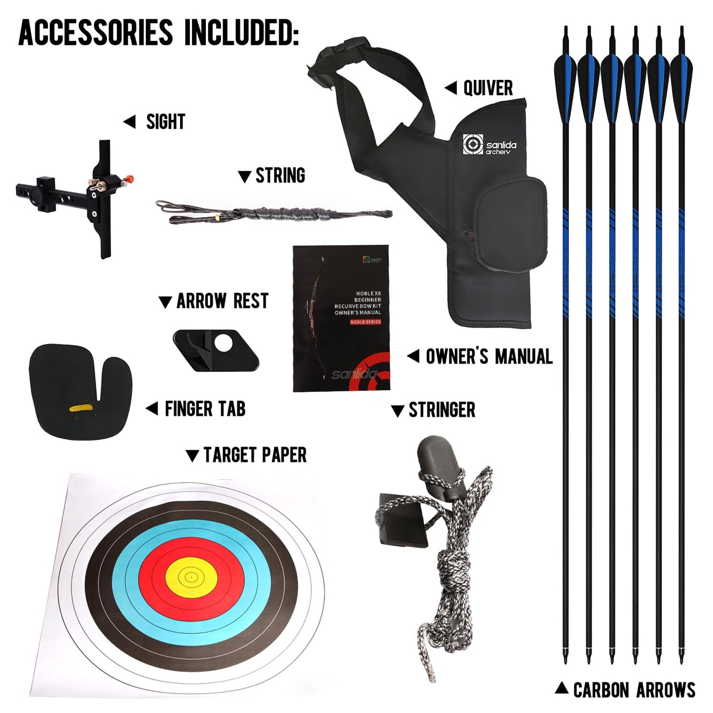 Sanlida Noble Standard Beginner & Intermediate Recurve Bow and Arrows Kit for Adult and Youth, Wooden Takedown Recurve Bow Package for Training, Practice & Competition RH Only (68", 28lbs)
