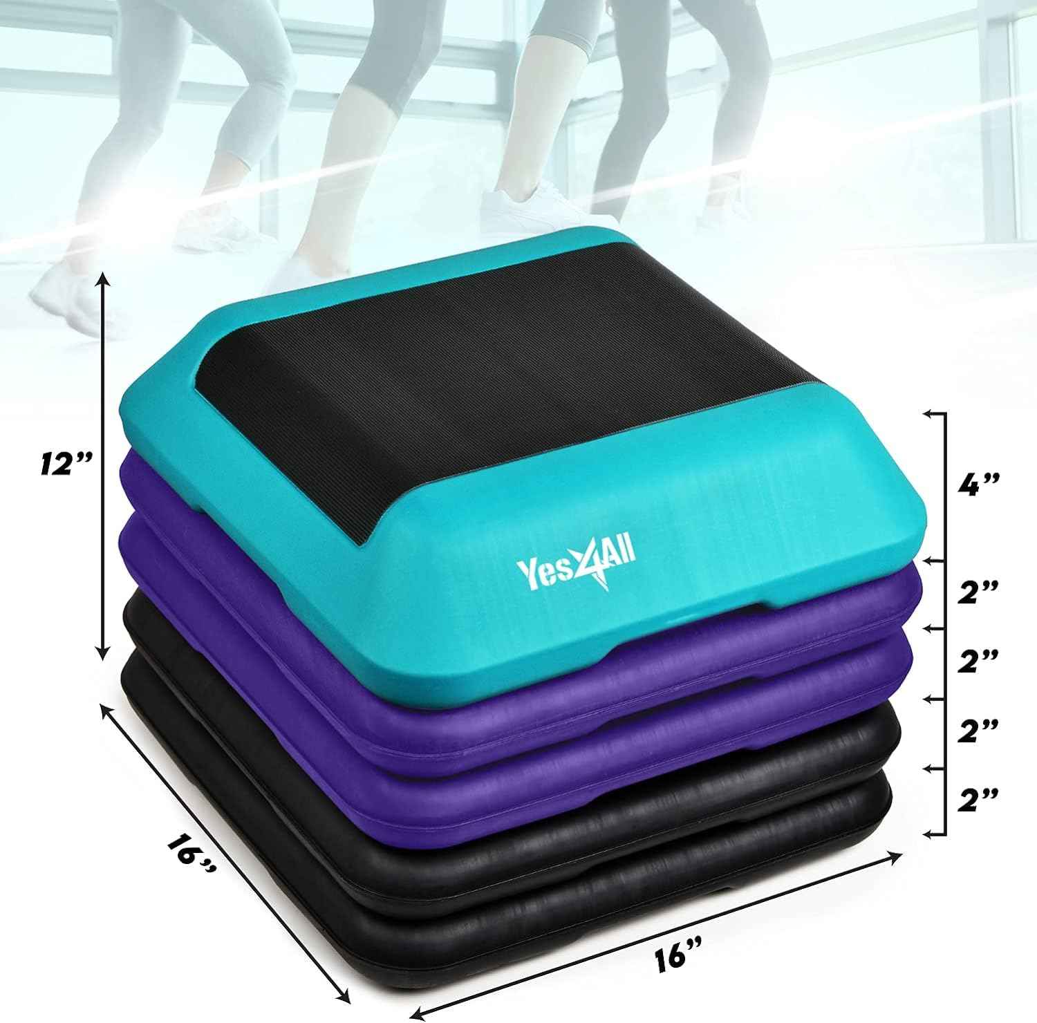 Yes4All 16"x16" Height-Adjustable High Step Aerobic Platform with 4 Risers for Home Gym Exercise Fitness Workout, Cardio and Jumping (Teal Purple)