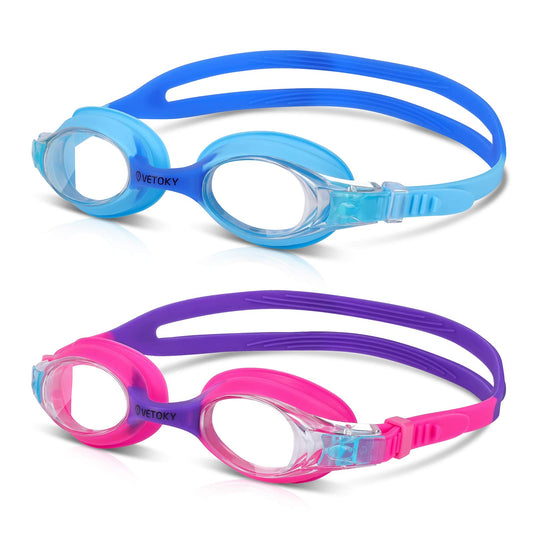 VETOKY Kids Swim Goggles, Pack of 2 Anti Fog Swimming Goggles UV Protection Clear No Leaking for Child and Youth Ages 3-12 Blue+Blue&Purple+Pink