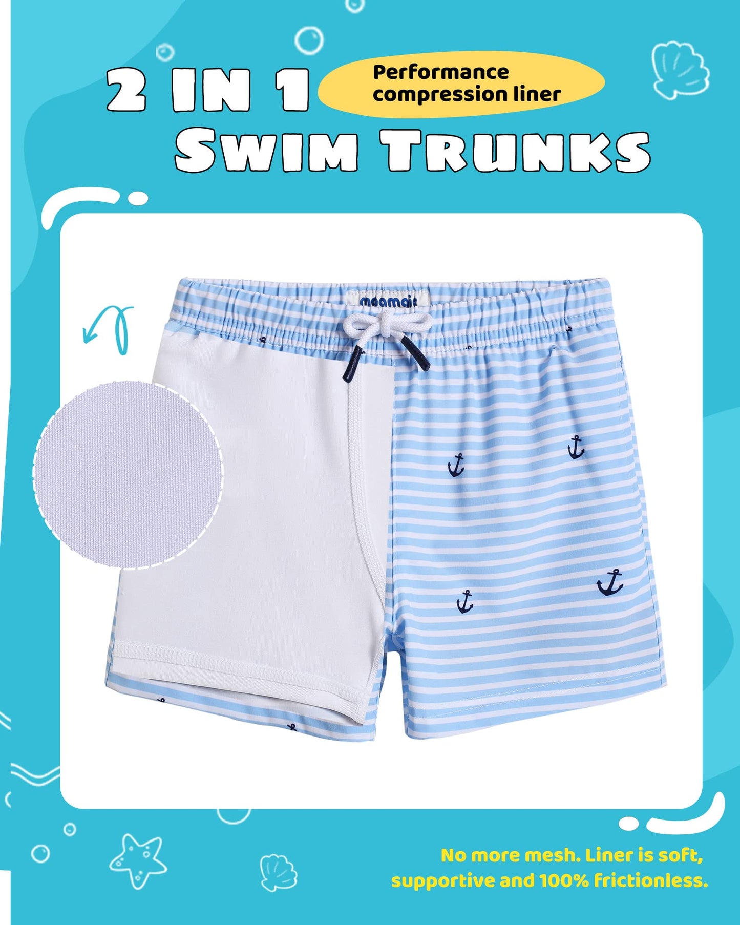 maamgic Boys Swim Trunks with Compression Liner Toddler Stretch Swim Shorts Quick Dry Swimming Trunks Boxer Brief 2 in 1 Beach Shorts White Blue Striped 3T