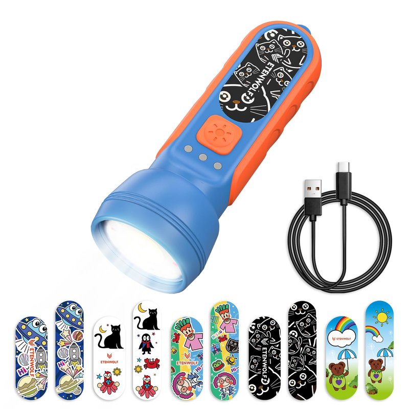 ETENWOLF L1 Rechargeable Flashlight for Kids,LED Flashlight with Fun DIY Stickers, 6 Light Modes, Adjustable Brightness, 1500mAh Battery, IPX5 Waterproof Flashlight for Camping, Home & Emergency