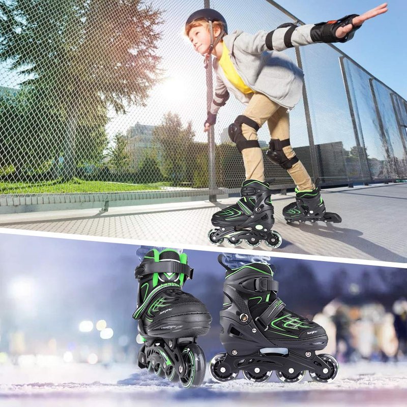 KAQINU Adjustable Inline Skates, Outdoor Inline Skates Roller with Full Illuminating Wheels for Women, Kids, Girls and Boys (Green, S)