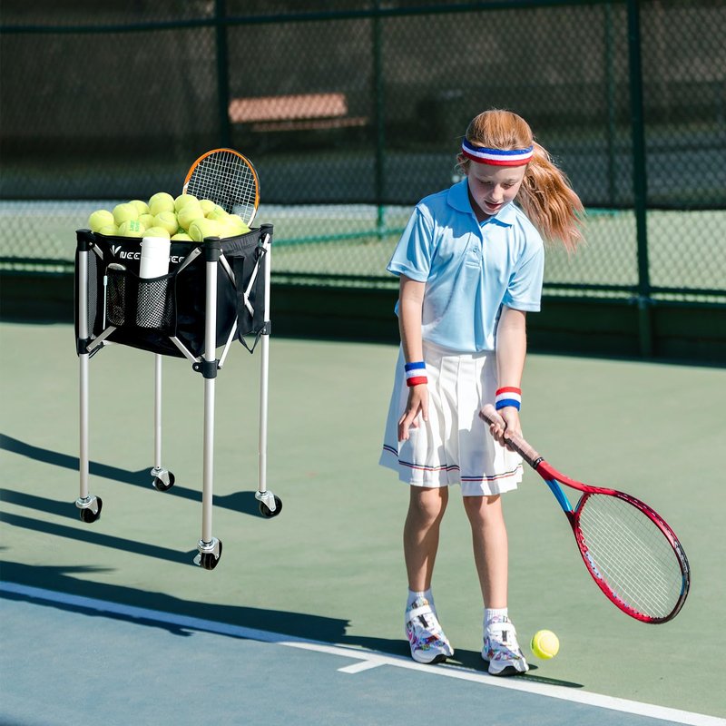 NEESEEYEE Portable Tennis Ball Hopper Tennis Ball Basket with Wheels Basket Hold Up to 160 Racquetball, Pickleball, Baseball, Badminton