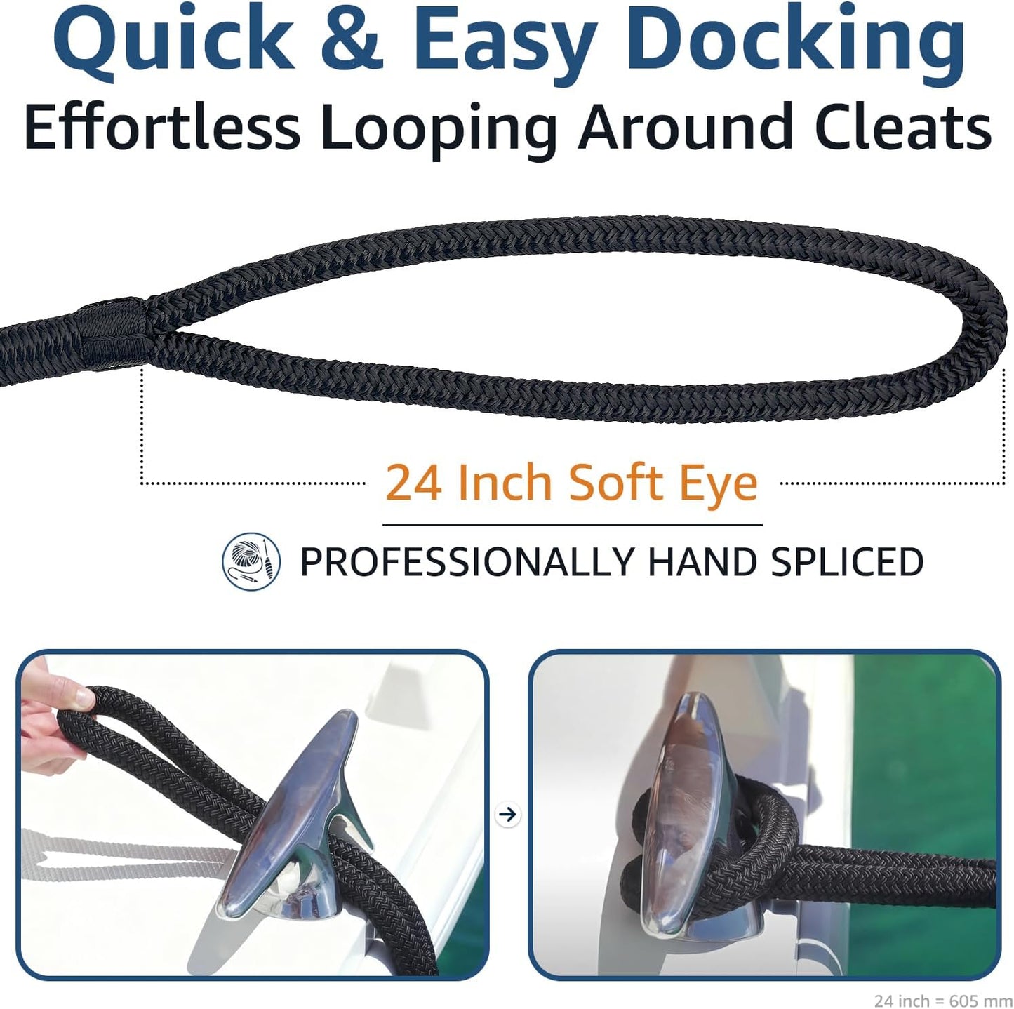 Dock Lines - Marine Grade Nylon Boat Rope, 1" x 35' - Heavy Duty, Double Braided, Fray Resistant | Black, 2 Pack