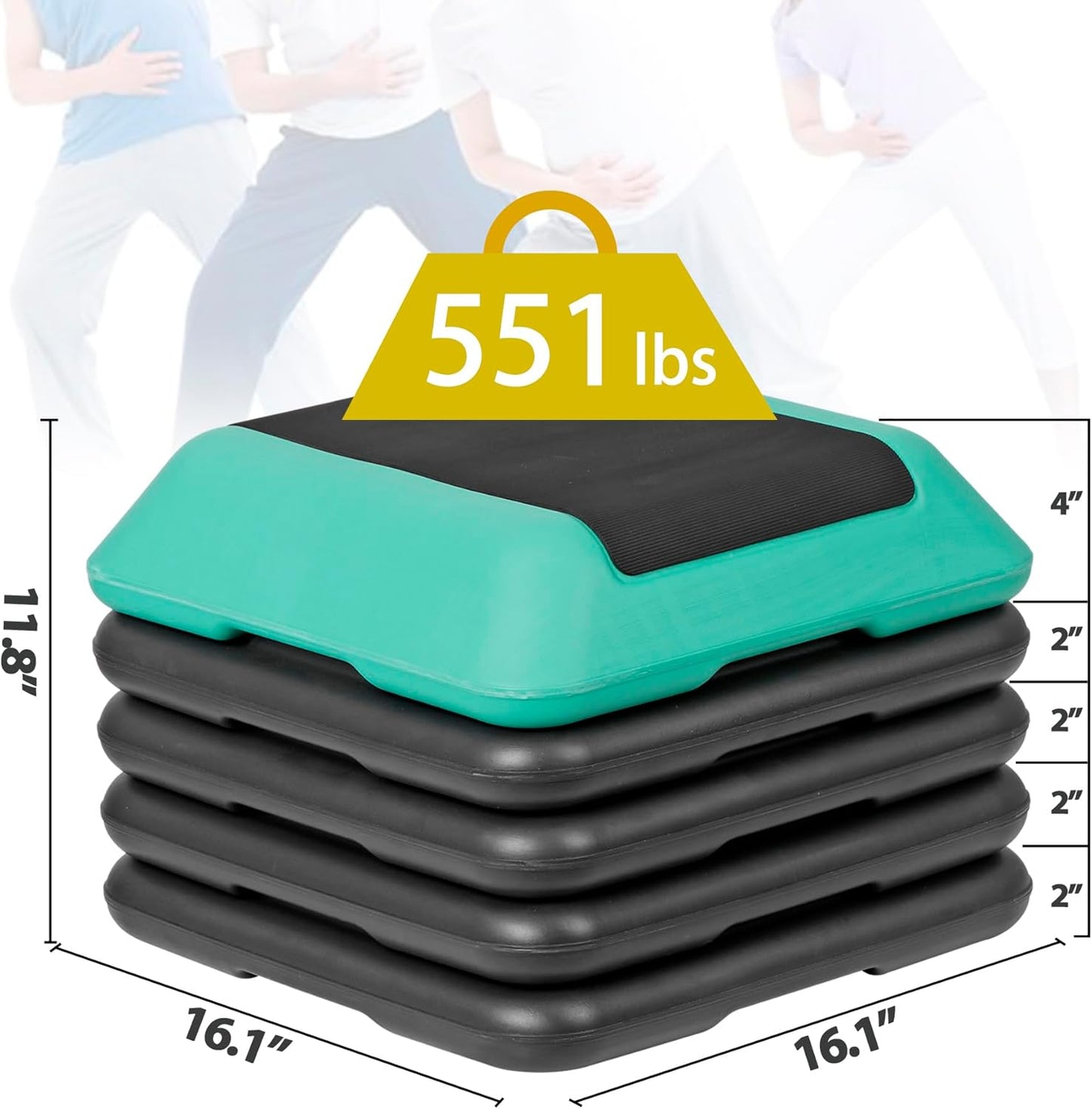 Aerobic Step Exercise Platform | Adjustable Height 4"-12" with 4 Risers - 16" x 16" Home Gym Equipment