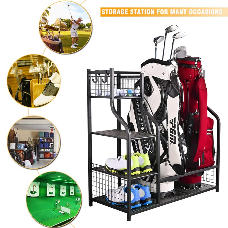 SNAIL Extra Large Golf Bag Rack Stand Holder - Fits 2 Bags & Accessories, Metal Black Garage Storage