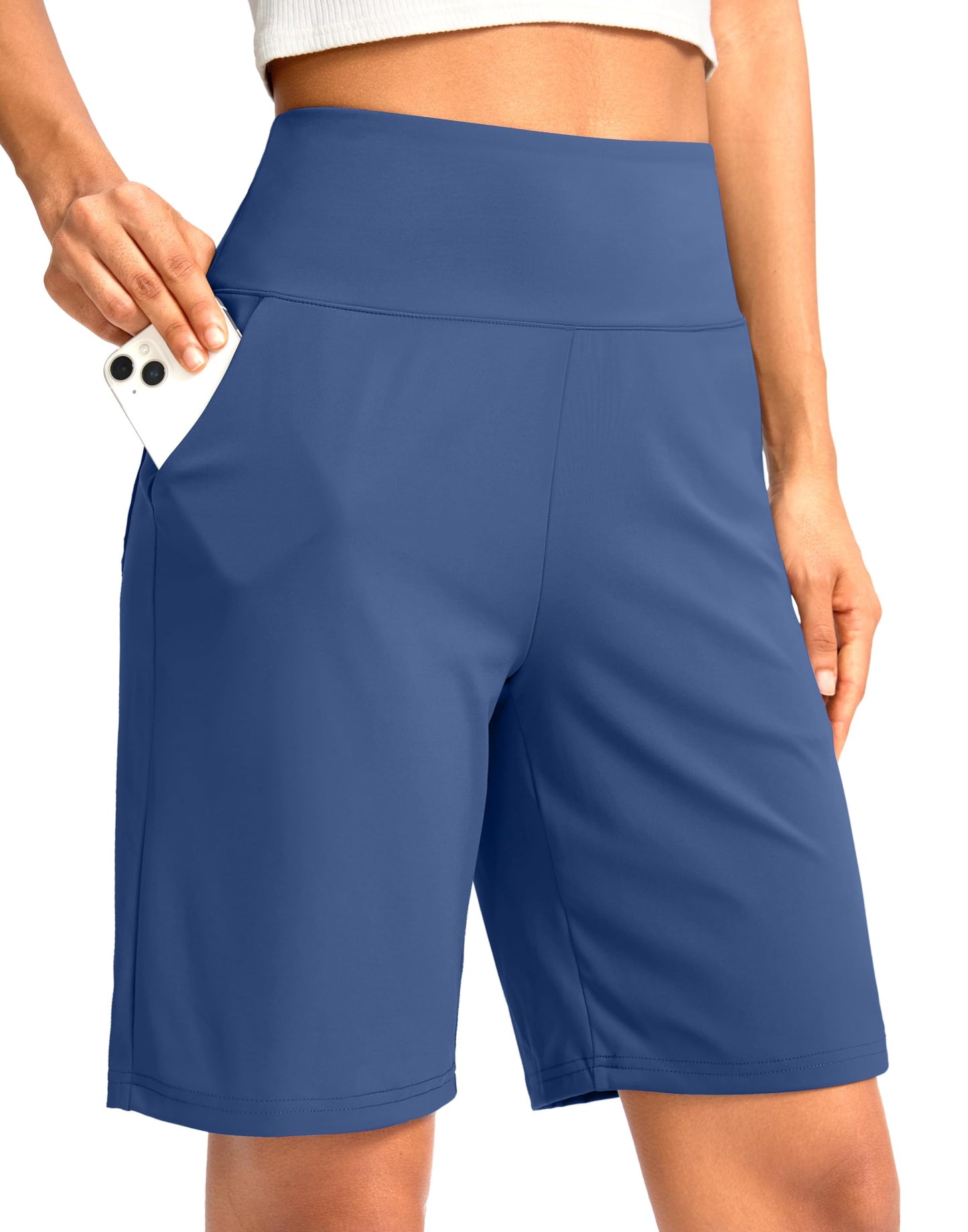 G Gradual Women's Bermuda Long Shorts with Pockets 9" High Waisted Knee Length Shorts for Women Walking Athletic Workout(Blue,S)