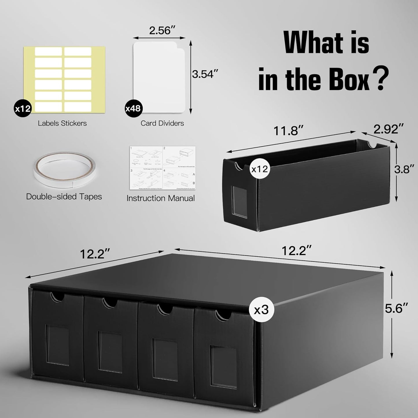 Trading Card Storage Box - Black Organizer with 48 Dividers & Scratch-Resistant Coating | Holds 12-600 CT Cards