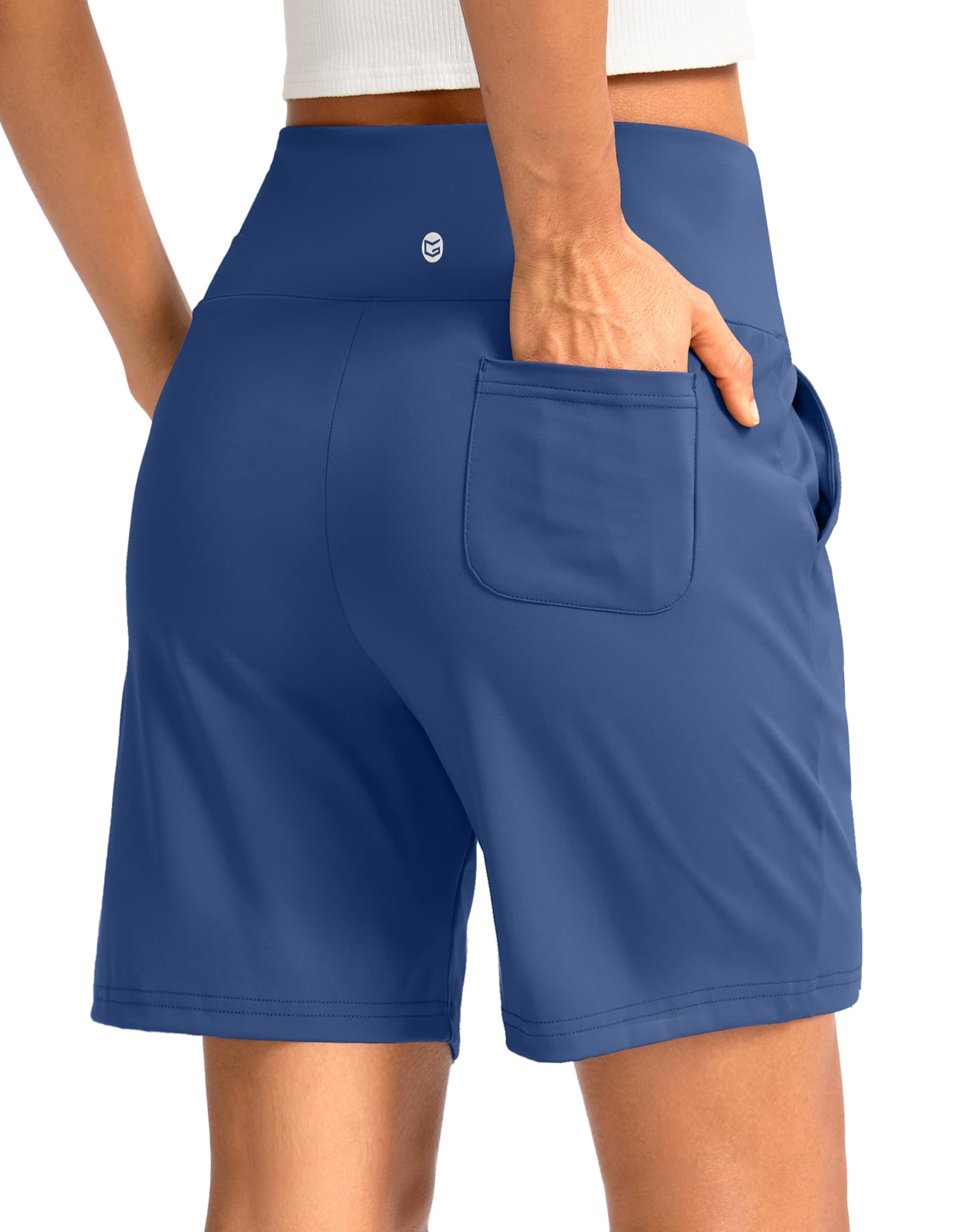 G Gradual Women's Bermuda Long Shorts with Pockets 7" High Waisted Knee Length Shorts for Women Walking Athletic Workout(Blue-L7,M)