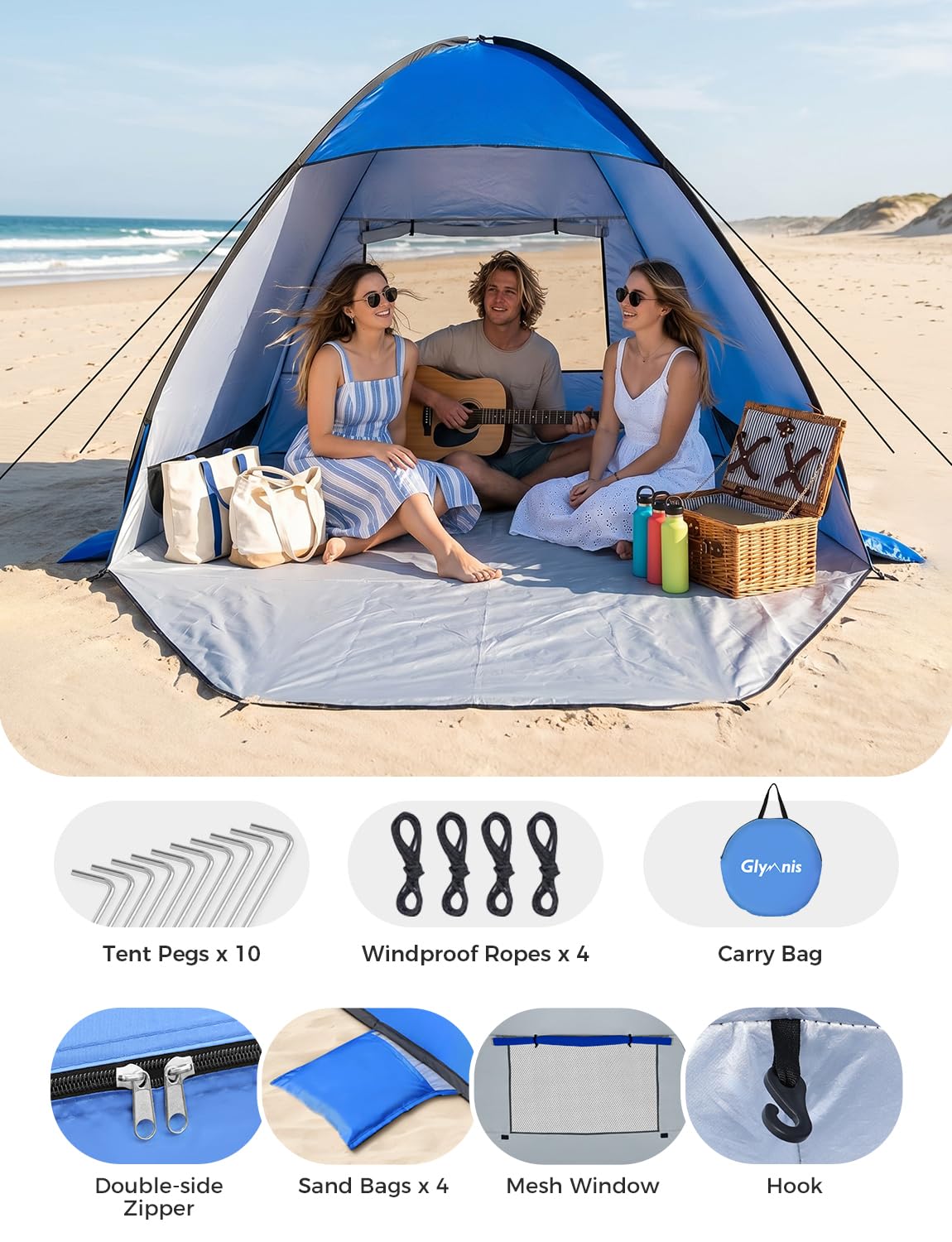 Glymnis Pop Up Beach Tent Instant Portable Sun Shade Shelter (L) 3-4 Persons UPF 50+ with Extendable Floor Zipper Door Automatic Easy Up Tent