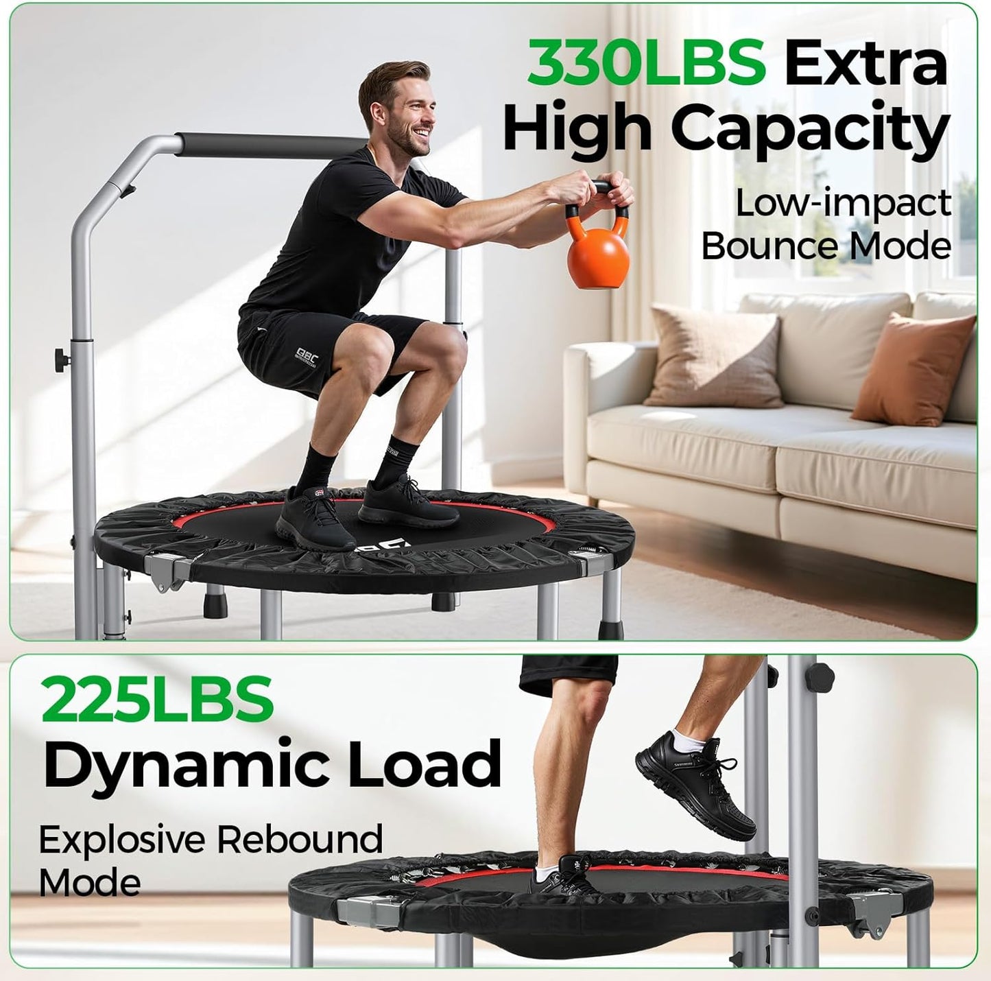 BCAN Foldable Mini Trampoline - Max Load 440lbs, Adjustable Foam Handle for Indoor & Garden Workouts | Fitness Rebounder