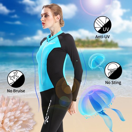 COPOZZ Diving Skin, Men Women Youth Thin Wetsuit Rash Guard- Full Body UV Protection - for Diving Snorkeling Surfing Spearfishing Sport Skin (Black/Blue, Large for Women)