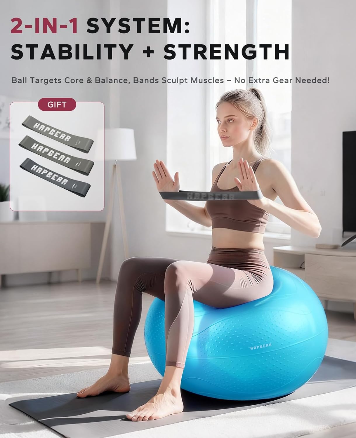 Exercise Ball - Anti-Burst Slip-Resistant Yoga/Pilates Ball for Core Training | 22''/26''/30'' Sizes, Includes Quick Pump & 3 Resistance Bands
