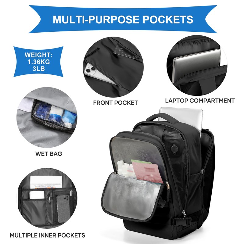 coowoz Travel Backpack with Vacuum System For Women Men,Vacuum Backpack Travel with Pump,Carry On Backpack,Personal Item Backpack Waterproof Outdoor Sports Rucksack Casual Daypack,30L,Black