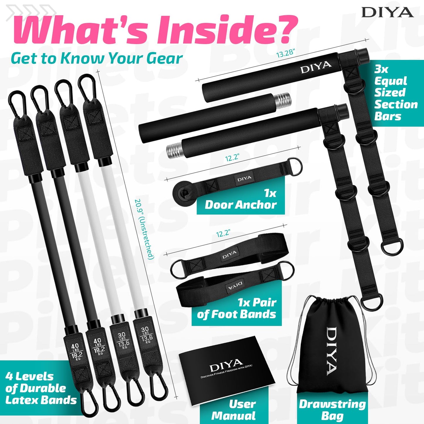 DIYA Pilates Bar Kit with Resistance Bands 140 lbs – Adjustable Portable Home Gym Workout Equipment for Women & Men – Full Body Fitness Bar for Legs, Glutes, Arms, Core & Back