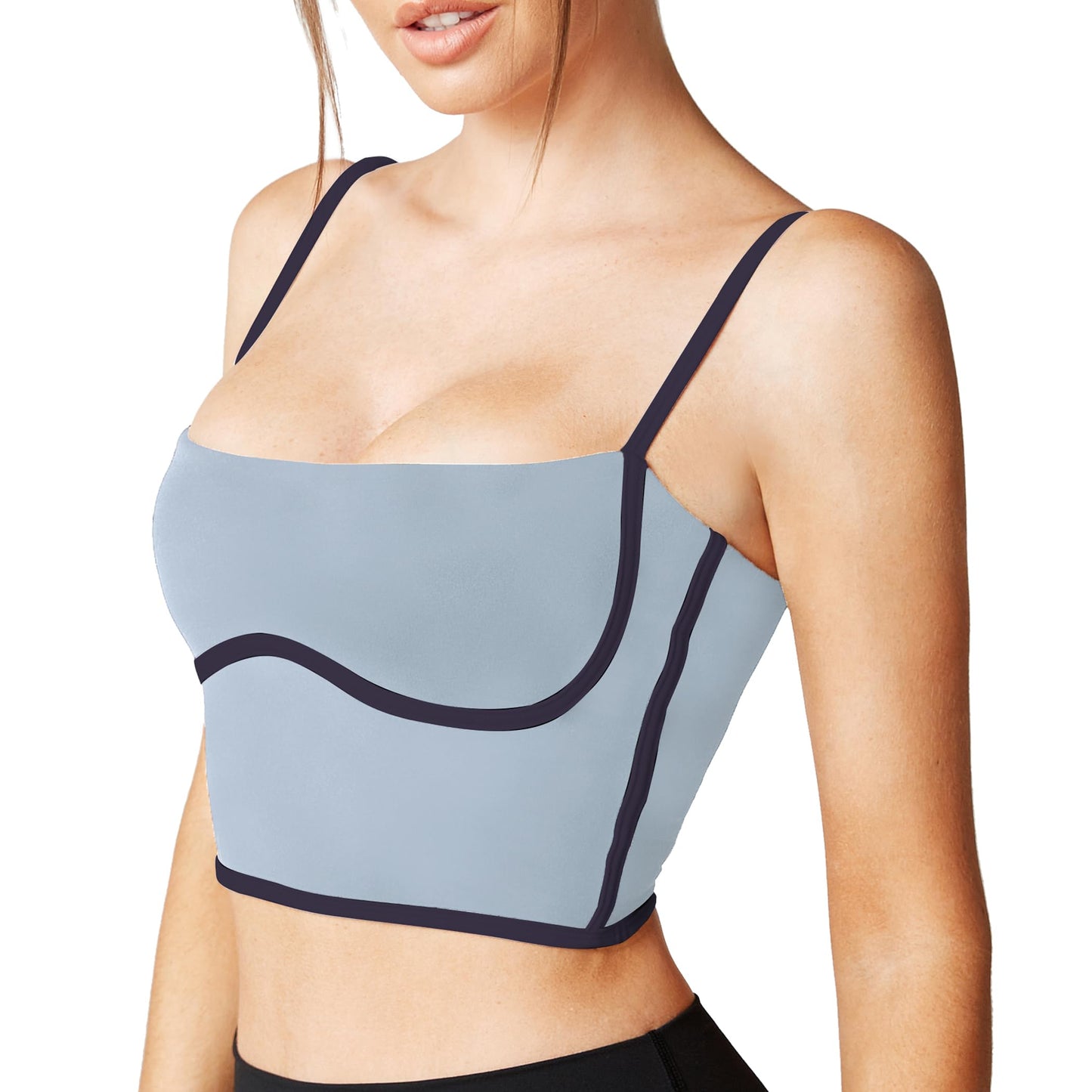 Move With You Sleeveless Spaghetti Strap Padded Sports Bra Tank Tops Square Neck Double Layer Workout Fitness Basic Crop Tops(Grey & Navy,XL)