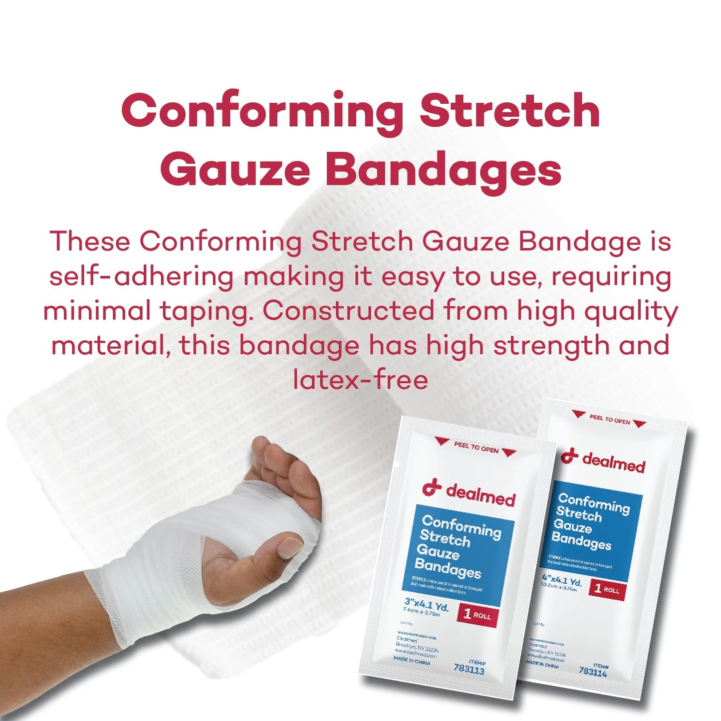 Dealmed 2" Sterile Conforming Stretch Gauze Bandages, 4.1 Yards Latex Free Stretched Dressing Wrap, Medical Non-Adherent Wound Care Mesh Bandages (Case of 96 Rolls)