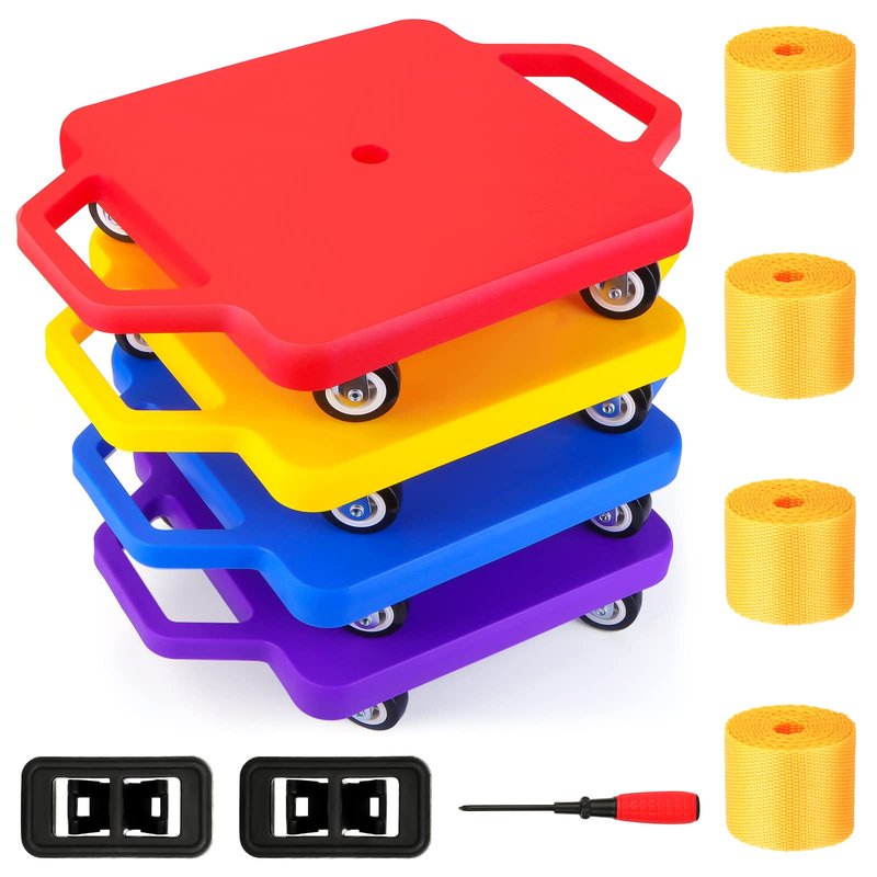 4 Pack Sports Scooter Board with Handles, Floor Sitting Scooter Board with Non-Marring Plastic Casters for Kids Gym Indoor Outdoor Play, 12 Inches