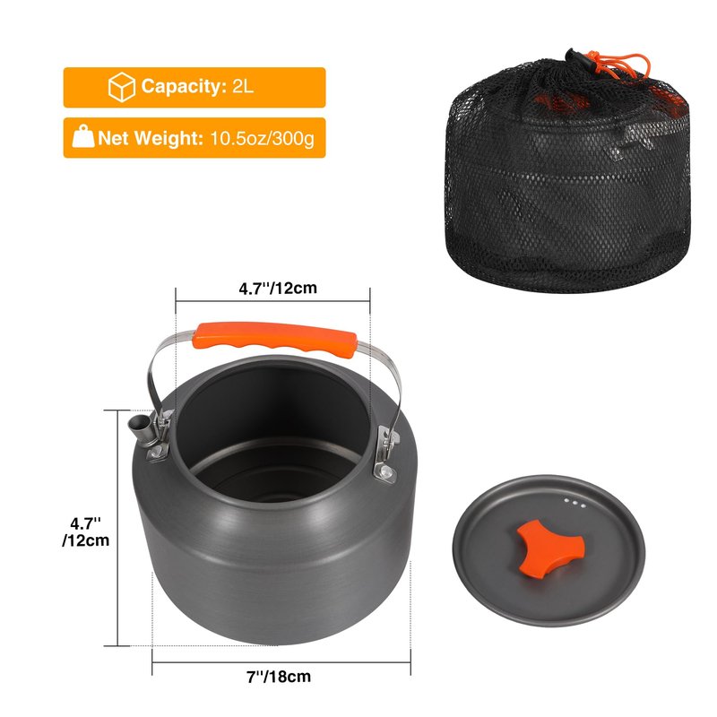 REDCAMP 2L Outdoor Camping Kettle, Aluminum Water Pot with Carrying Bag, Compact Lightweight Camp Tea Kettle Coffee Pot for Hiking Picnic Camping