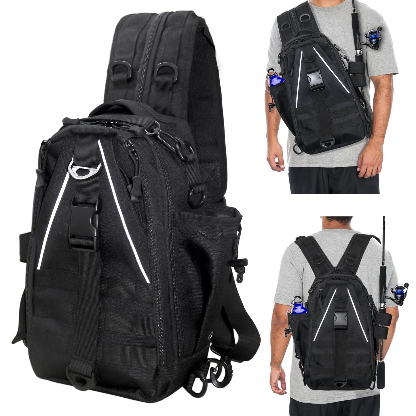 Zsrivk Fishing Tackle Bag Sling Shoulder Backpack with Rod & Gear Holder, Water Resistant & Weatherproof, Large Storage