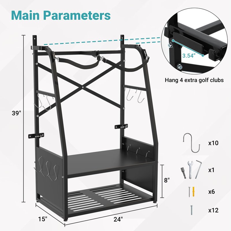 Eastrexon Golf Bag Organizer - Wall Mount & Freestanding - Holds 2 Golf Bags w/ 4 Club Racks, 10 Hooks & Storage Shelf - Golf Bag Stand w/Adjustable Feet for Garage, Store, Club, Shed