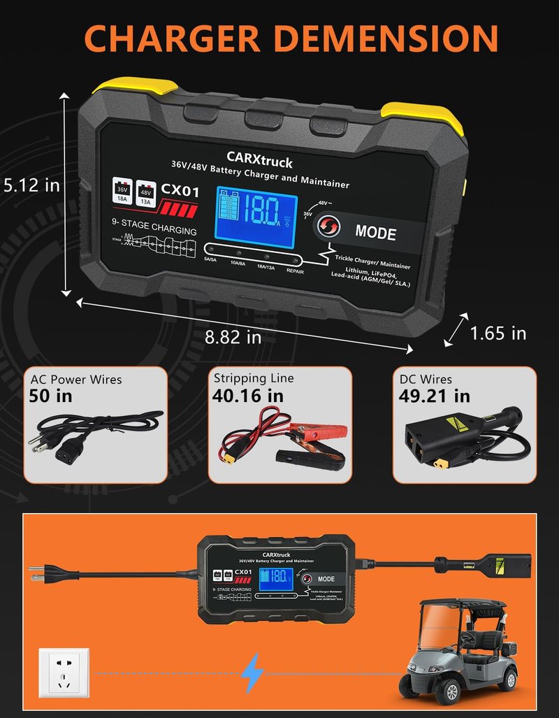 CARXtruck 36V 18A & 48V 13A Golf Cart Battery Charger for EZGO TXT with D Style Plug, Smart Trickle Charger