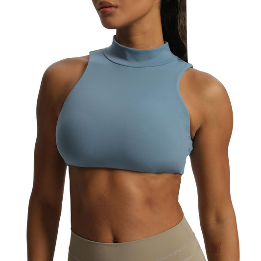 Aoxjox Women's Kim Cutout High Neck Tank Top Workout Sports Bras Fitness Padded Training Gym Bra Yoga Crop (Steel Blue, Medium)