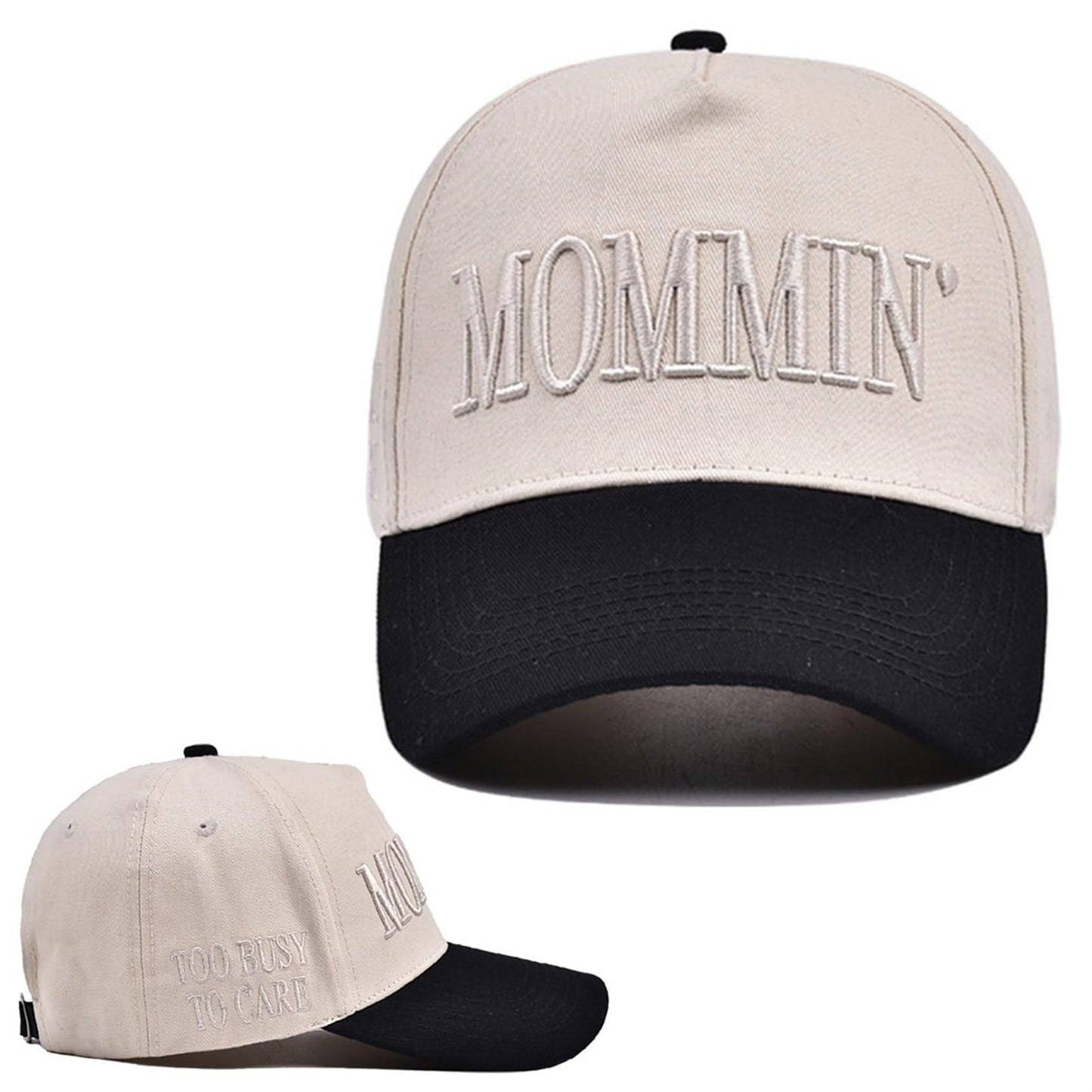 Mommin Baseball Cap for Women Men Vintage Embroidered Mom Trucker Hat Adjustable Canvas Vintage Hat for Casual Wear (Beige/Black)