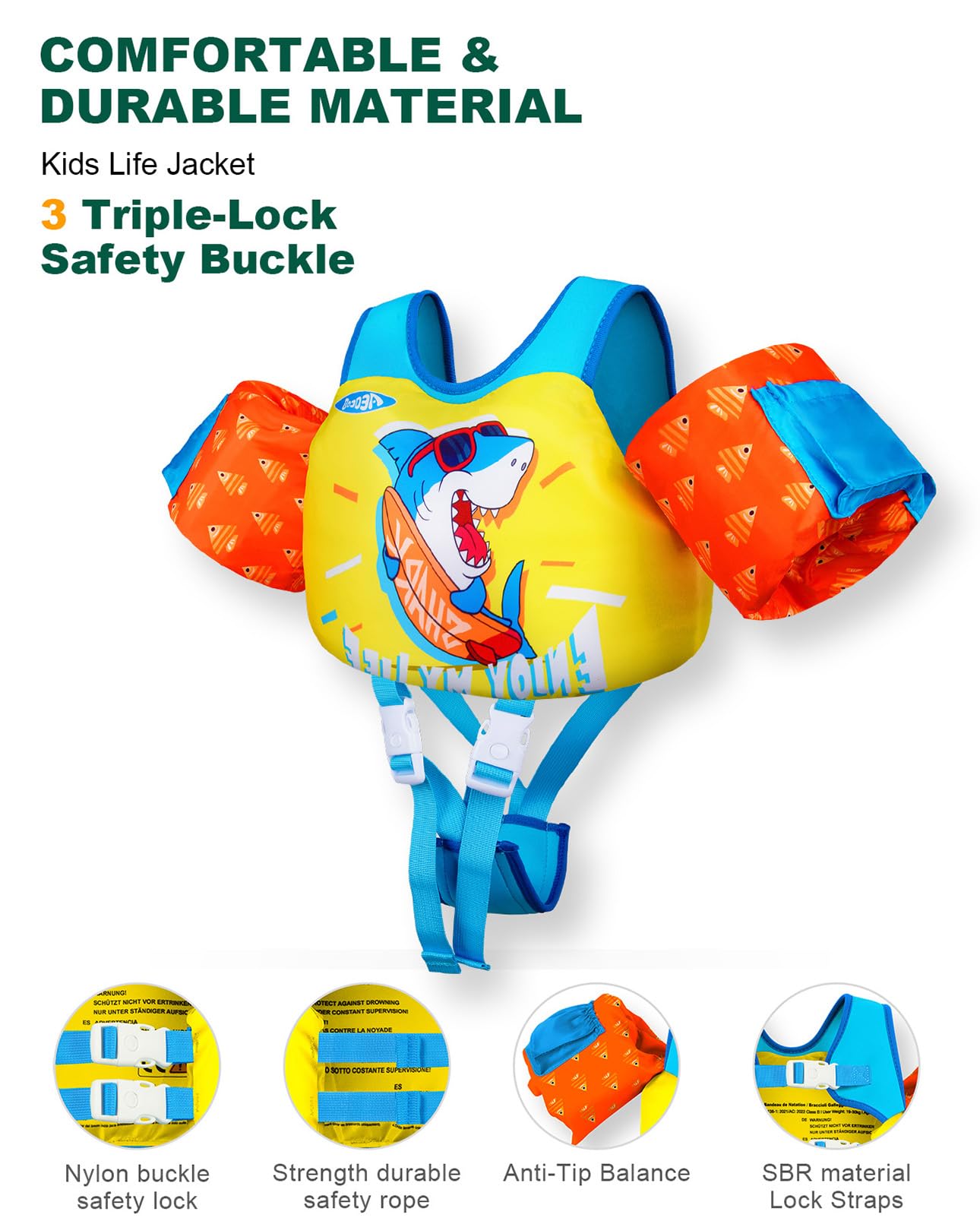 Toddler Swim Vest for 2-7Y, 20-50 lbs, Kids Floaties with Shoulder Harness & Adjustable Crotch Strap & Arm Water Wings for Boys and Girls, Shark