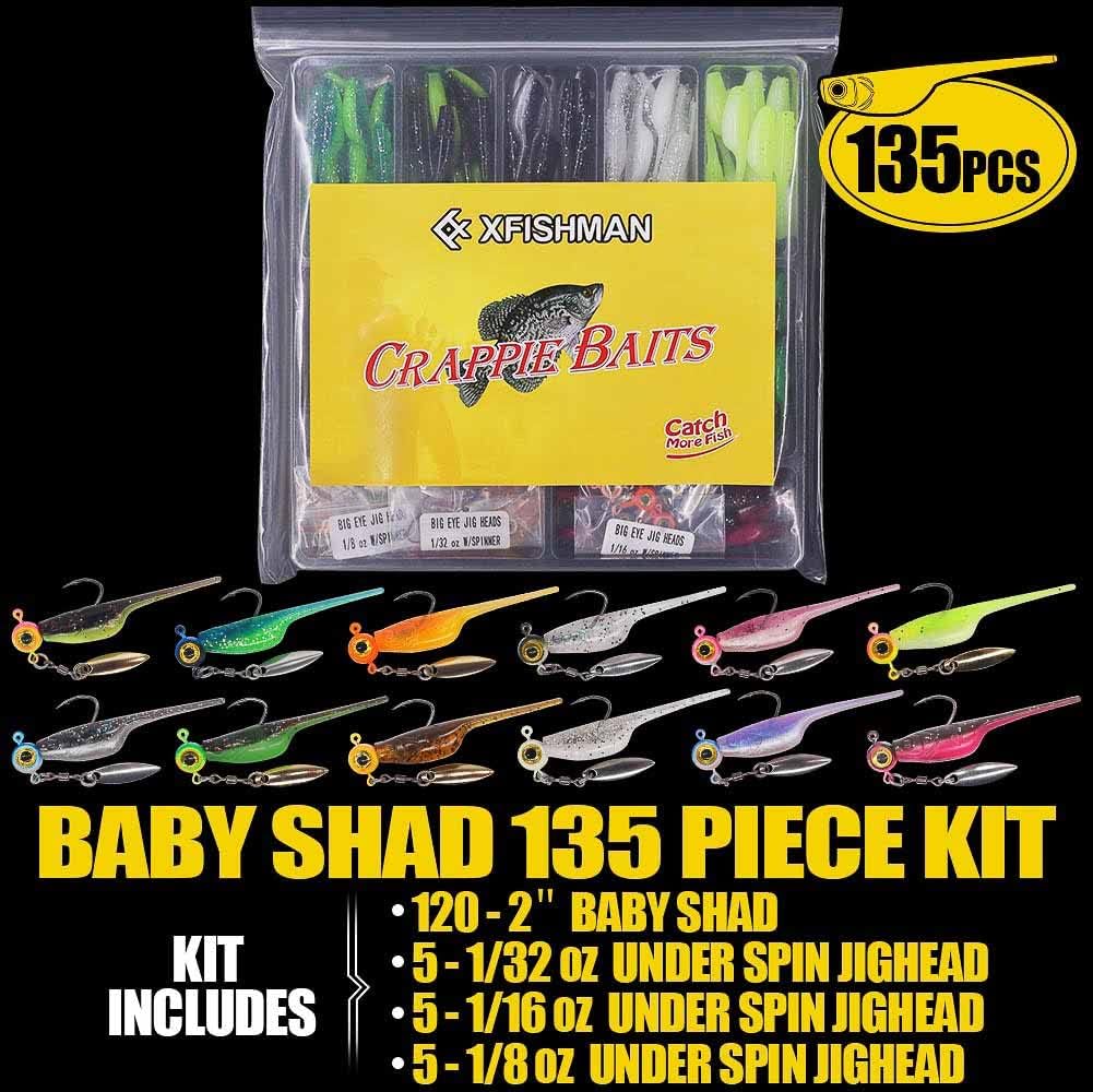 Crappie Fishing Lures Kit - Shad Minnow Plastic Baits & Jig Heads | 40 & 135 Piece Sets