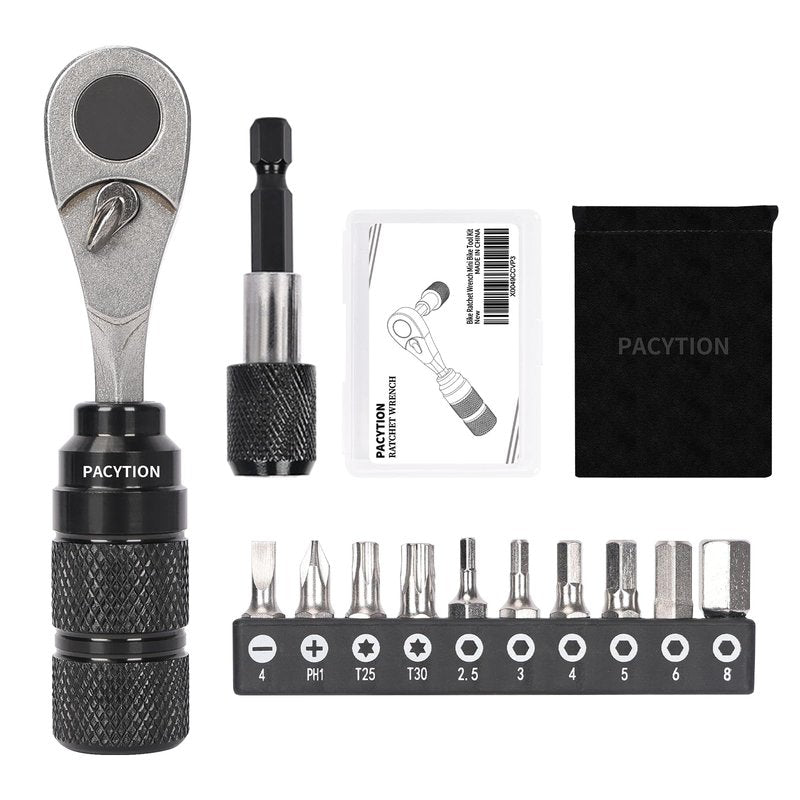 Bike Tool Kit, Bike Repair Kit Mini Ratchet Wrench Set with 10 Bits, 1/4 Ratchet Ratcheting Screwdriver 10 in 1, MTB Road Bike Ratchet Wrench for Tight Spaces With Extension Rod, Storage Case & Bag