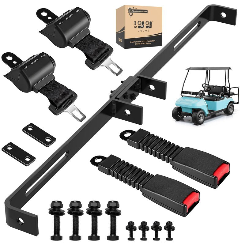 10L0L Universal Golf Cart Seat Belt Bracket Kit for 2 Passengers, Front Seat Retractable Seat Belts with Adjustable Mounting Bar, Fits EZGO TXT/RXV, Club Car DS, Yamaha Carts, Hardware Included